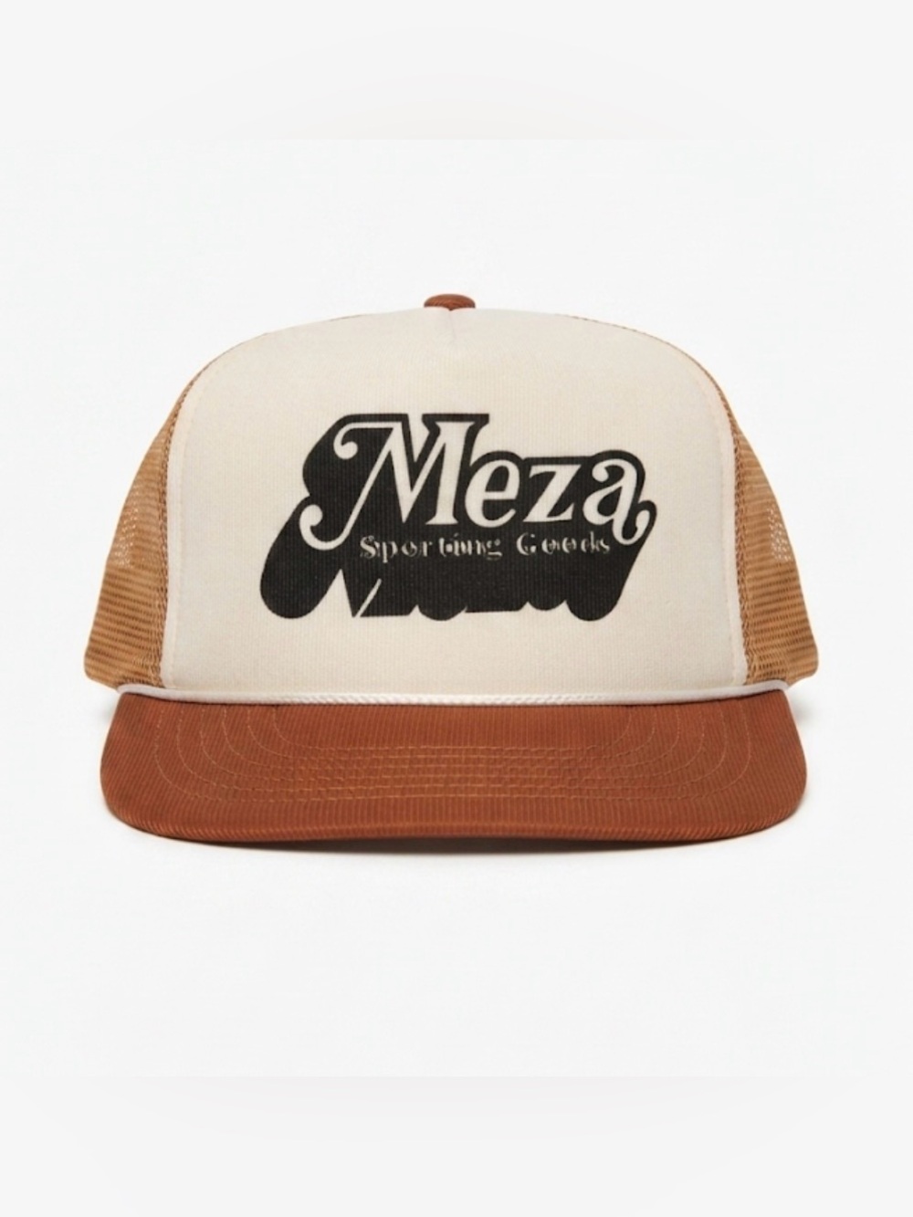 Vintage Meza Sporting Goods Trucker Hat Cap Tan Brown Mesh Snapback 80s